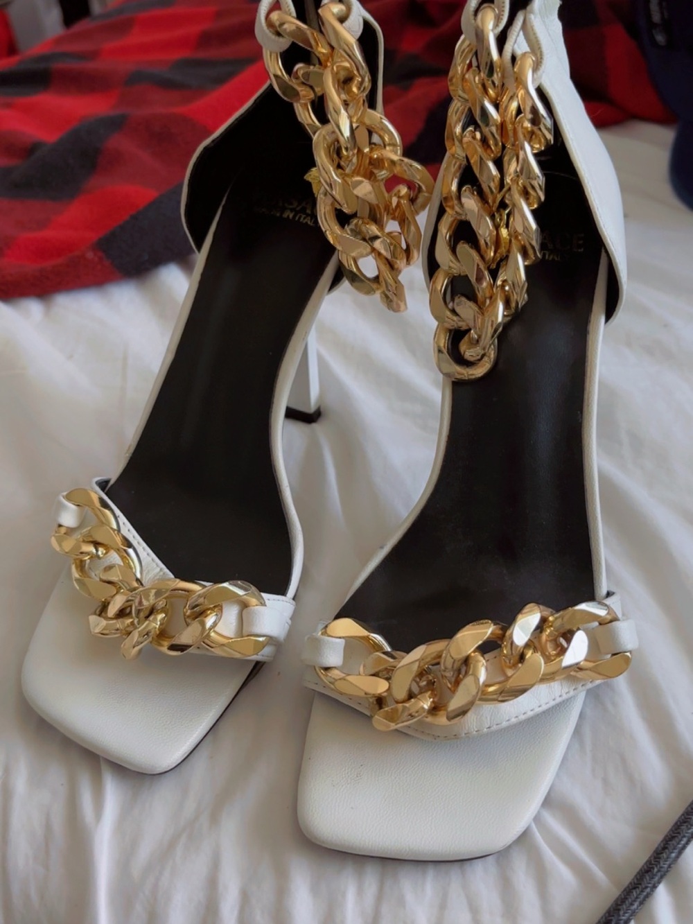 Versace White Heeled Sandals with Gold Chain Trim